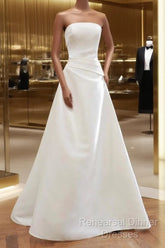 Unique A Line Strapless Satin White Wedding Dresses Brides Dress